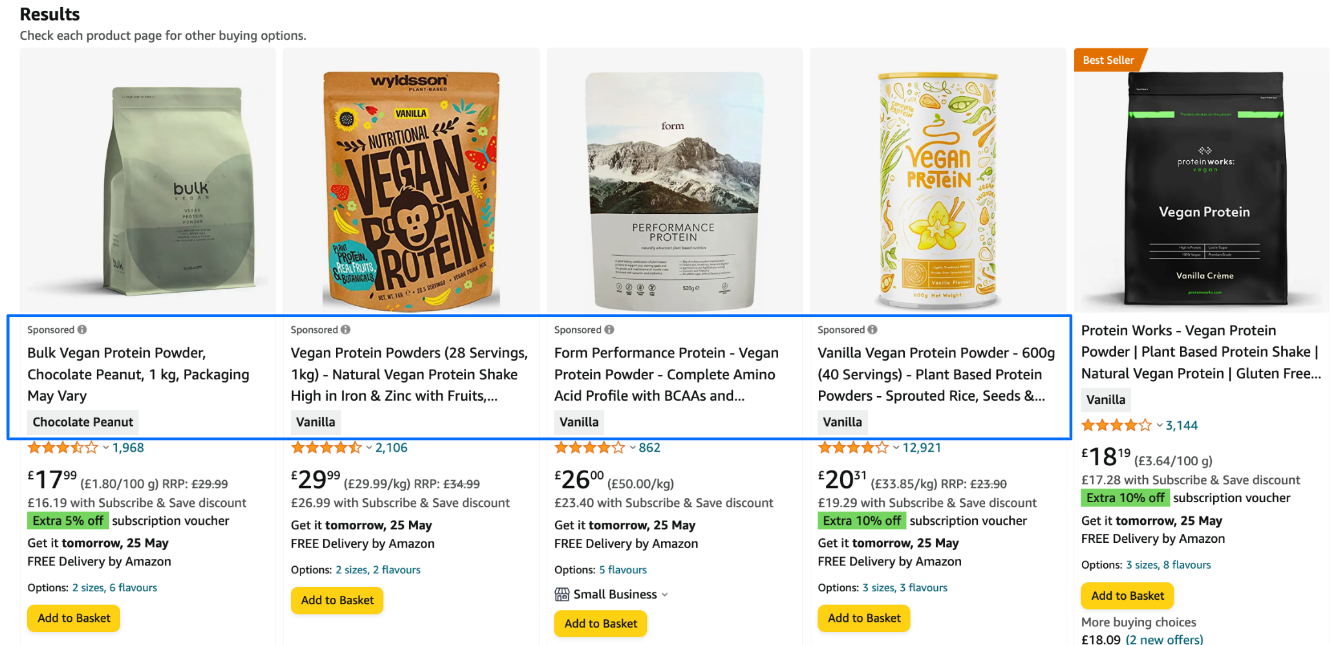 Amazon Product Search page showing Sponsored Products