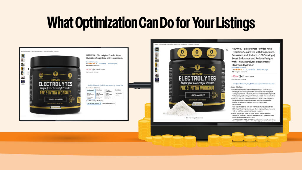 Amazon listing before vs. after optimization—better images, copy, and SEO boost rankings and sales. #TriviumAmazon