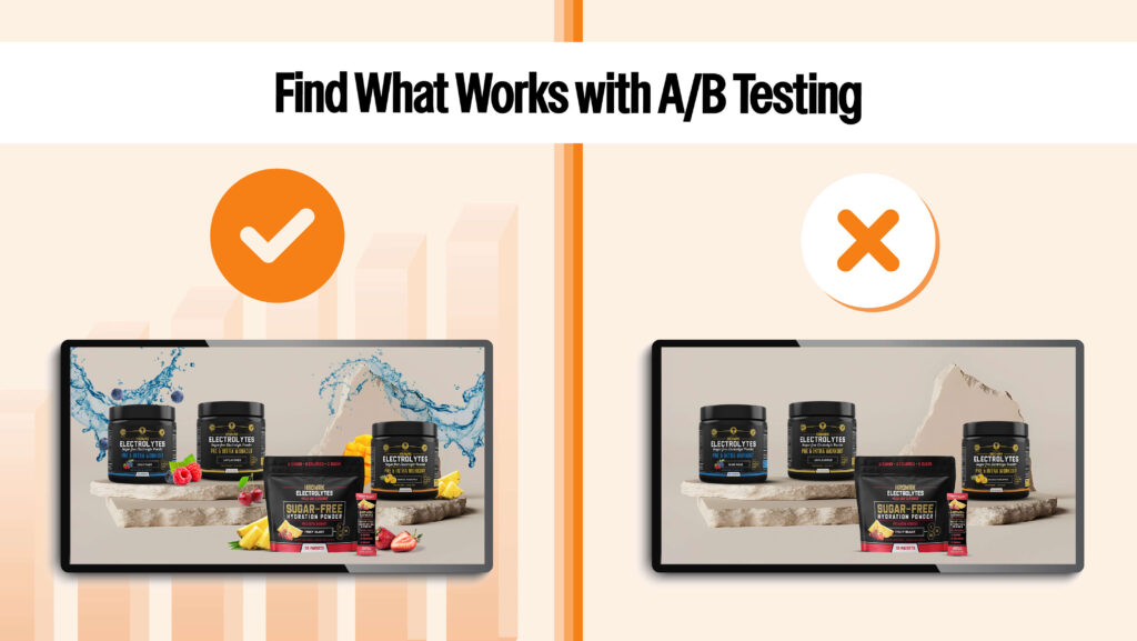 A/B testing graphic comparing two ad variations, highlighting performance metrics and showcasing the winning ad for optimizing Sponsored Product campaigns