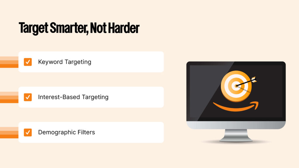 Infographic illustrating Amazon’s targeting options, including keyword targeting, interest-based targeting, and demographic filters for precision ad placement.