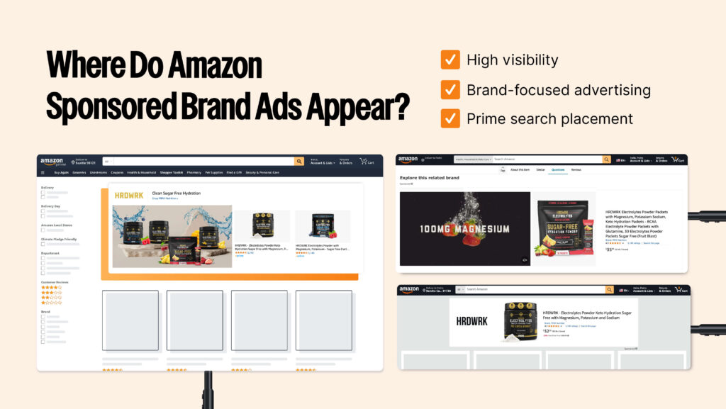 Amazon Sponsored Brand Ads (previously known as Amazon Headline Search Ads) are pay-per-click (PPC) ads that appear at the top of Amazon search results, above sponsored product ads, as well as on product retail pages and the homepage. These ads feature your brand’s logo, custom headlines, and up to three products, helping brands stand out and drive traffic.