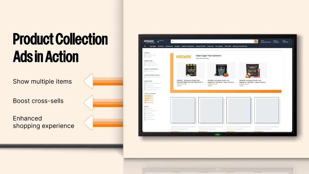 Amazon offers multiple Sponsored Brand Ad formats, each tailored to different advertising goals: Product Collection Showcases multiple related products in a single ad Increases exposure and cross-sell opportunities Best for featuring complementary items