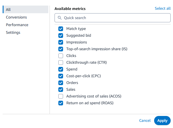 Check Advertising Cost of Sales (ACOS) and click apply